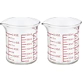 Ackers BORO3.3 2 oz Glass Measuring Cups with V-Shaped Spout, 2 Pack | 5-60 ml range with printed fl oz, tsp, tbsp and cup scales on 3.3 borosilicate glass for kitchen and bar prep