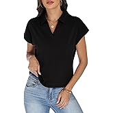 JDWZSI Women's Cap Sleeve Crop Tops Collared V Neck T Shirts Boxy Short Sleeve Polo Shirts Summer Basic Tees Fashion Clothes