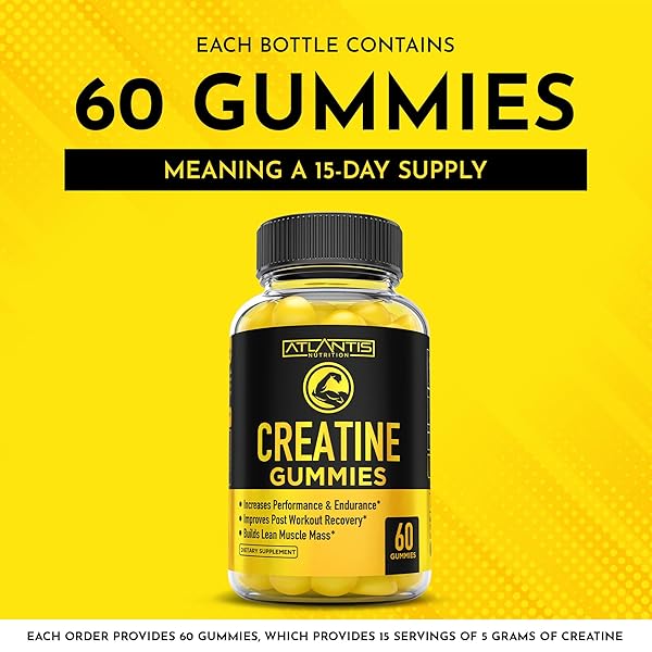ATLANTIS NUTRITION CREATINE MONOHYDRATE GUMMIES FOR STRENGTH & ATHLETIC PERFORMANCE – 5G CREATINE PER SERVING – BUILD MUSCLE, INCREASE PERFORMANCE, BOOST ENDURANCE & POST WORKOUT RECOVERY – 60 COUNT