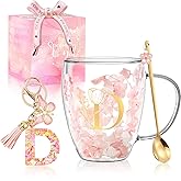 Friendship Gifts for Women Flower Glass Coffee Mug Cute Initial Tea cup Monogrammed Customized Bridesmaid Bride Wedding Gifts Valentine Mother's Day Christmas Gift for Her Mom Wife Sister Coworker (D)