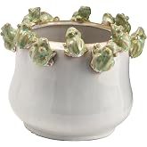 Creative Co-Op Decorative Stoneware Planter with Frog Figurine Rim, White and Green