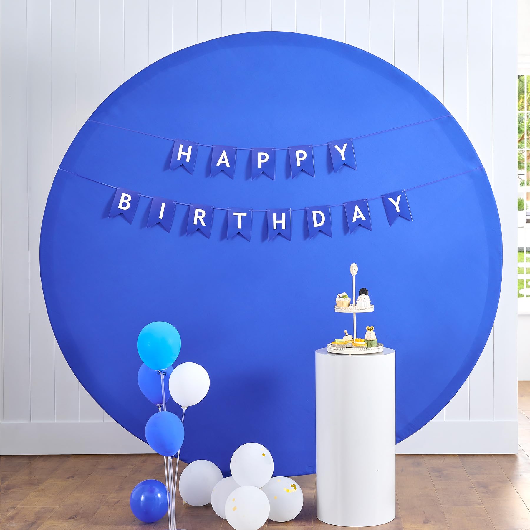 Photo 1 of 6.5FT Royal Blue Round Backdrop Cover Wrinkle Resistant Blue Circle Background Round Photography Backdrop for Wedding, Birthday, Baby Shower Decorations