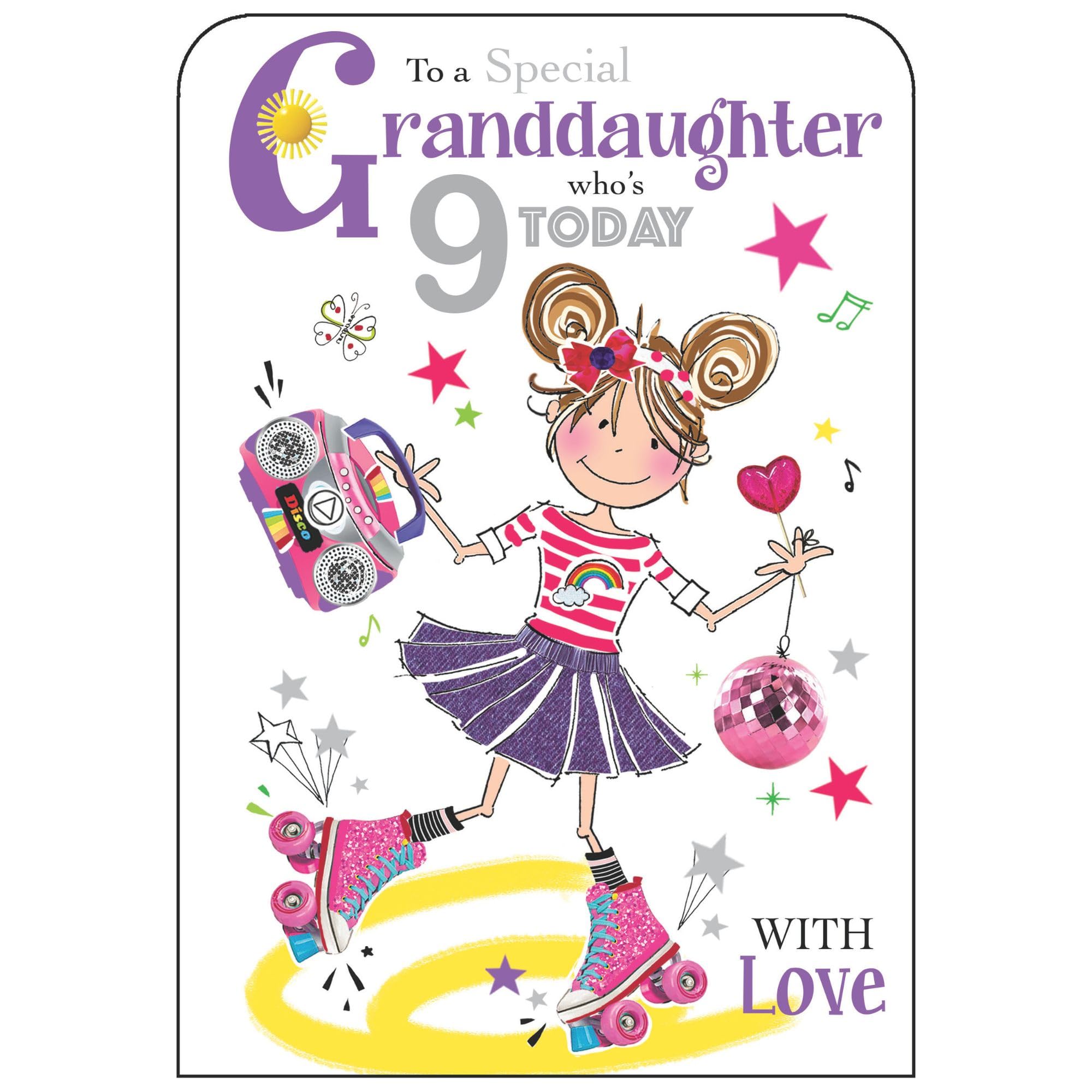 Jonny Javelin 9th Birthday Card for Granddaughter - Vibrant Skating Girl Design - Embossed Foil and Flitter Finish - Age 9 Birthday Greeting Card to a Special Granddaughter