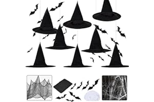 LINAYE Halloween Witches Hat XL Kit - 8 PCS Black Witch Hats with Hanging Rope,16 PCS 3D Bat,Spider Web,Creepy Cloth Halloween Hanging Decoration Decor Wizard Hats