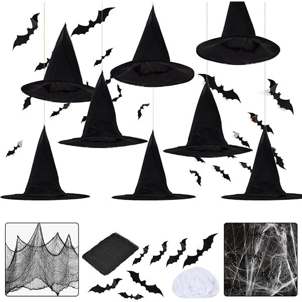 Kit Decoración Halloween: 12 Sombreros De Bruja, 32 Murciélagos 3D, Telaraña Y Telas Espeluznantes - Fácil Montaje