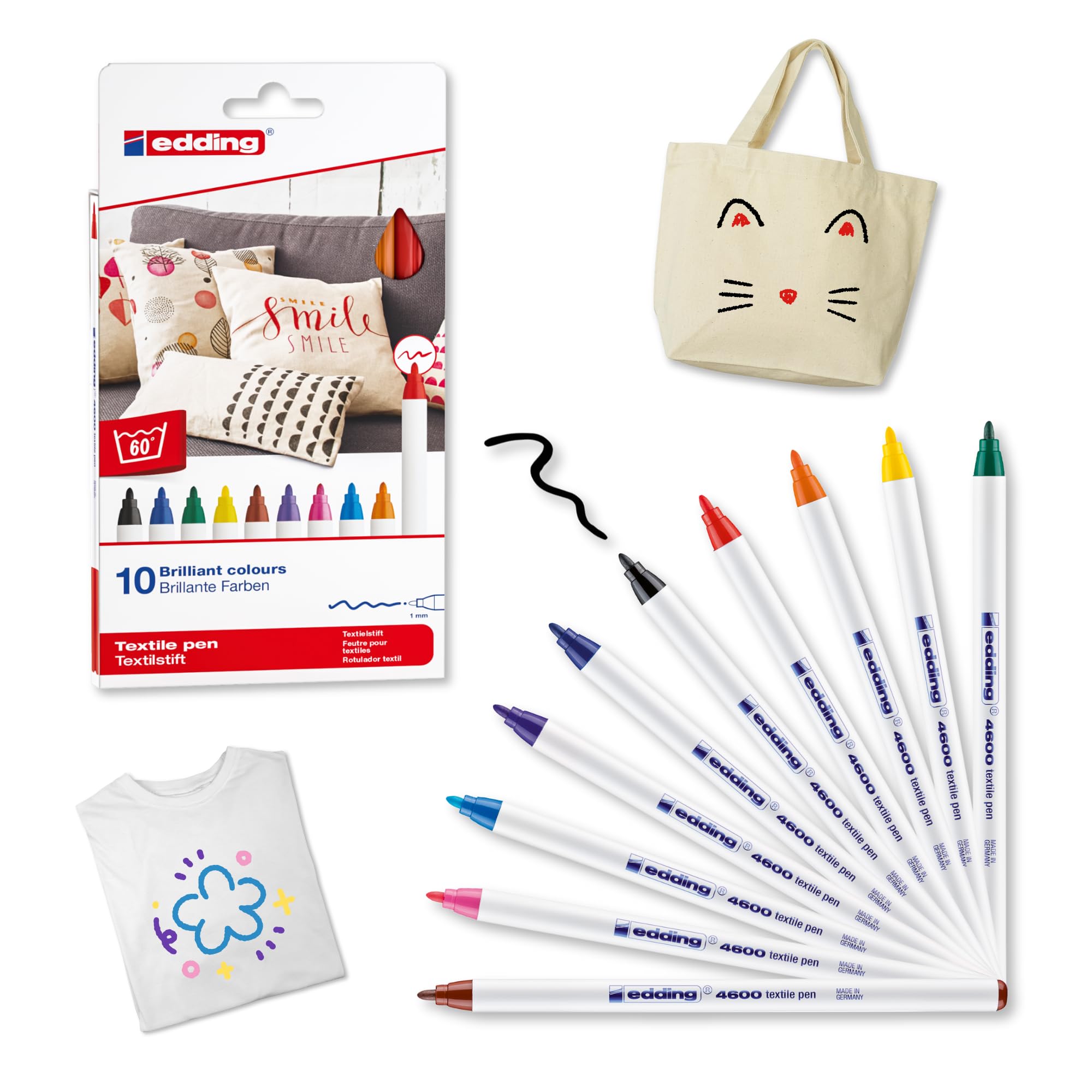 edding 4600 textile pen - set of 10 colours (fun) - round nib 1 mm - permanent fabric pens for drawing on textiles, wash-resistant up to 60 °C - fabric pen