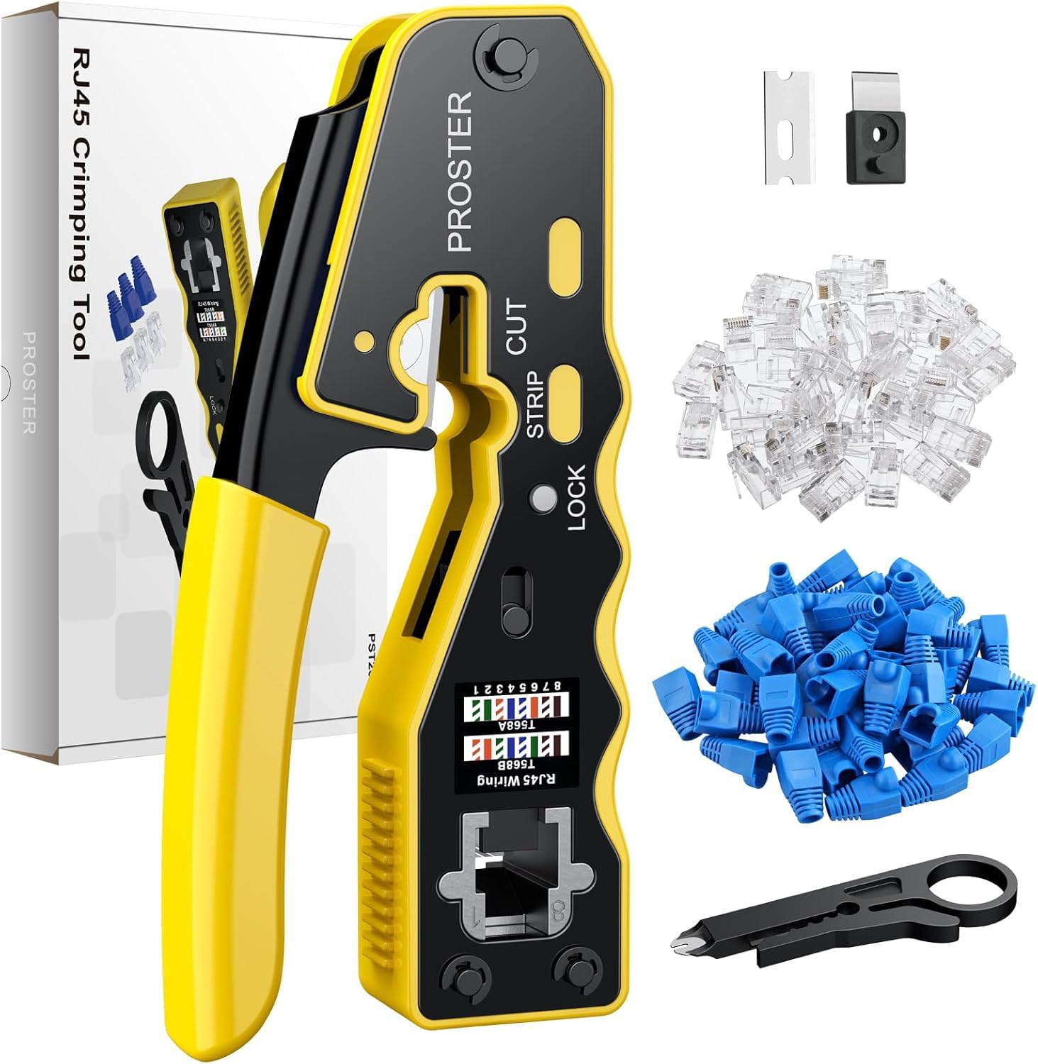 Proster RJ45 Crimp Tool Kit - Pass Through RJ45 Crimper for Cat6 Cat6a Cat5 Cat5e with 50 PCS CAT6 Pass Through Connectors 50 PCS Cat6 Protection Covers Stripper Ethernet RJ45 Crimping Tool - Yellow — image 1