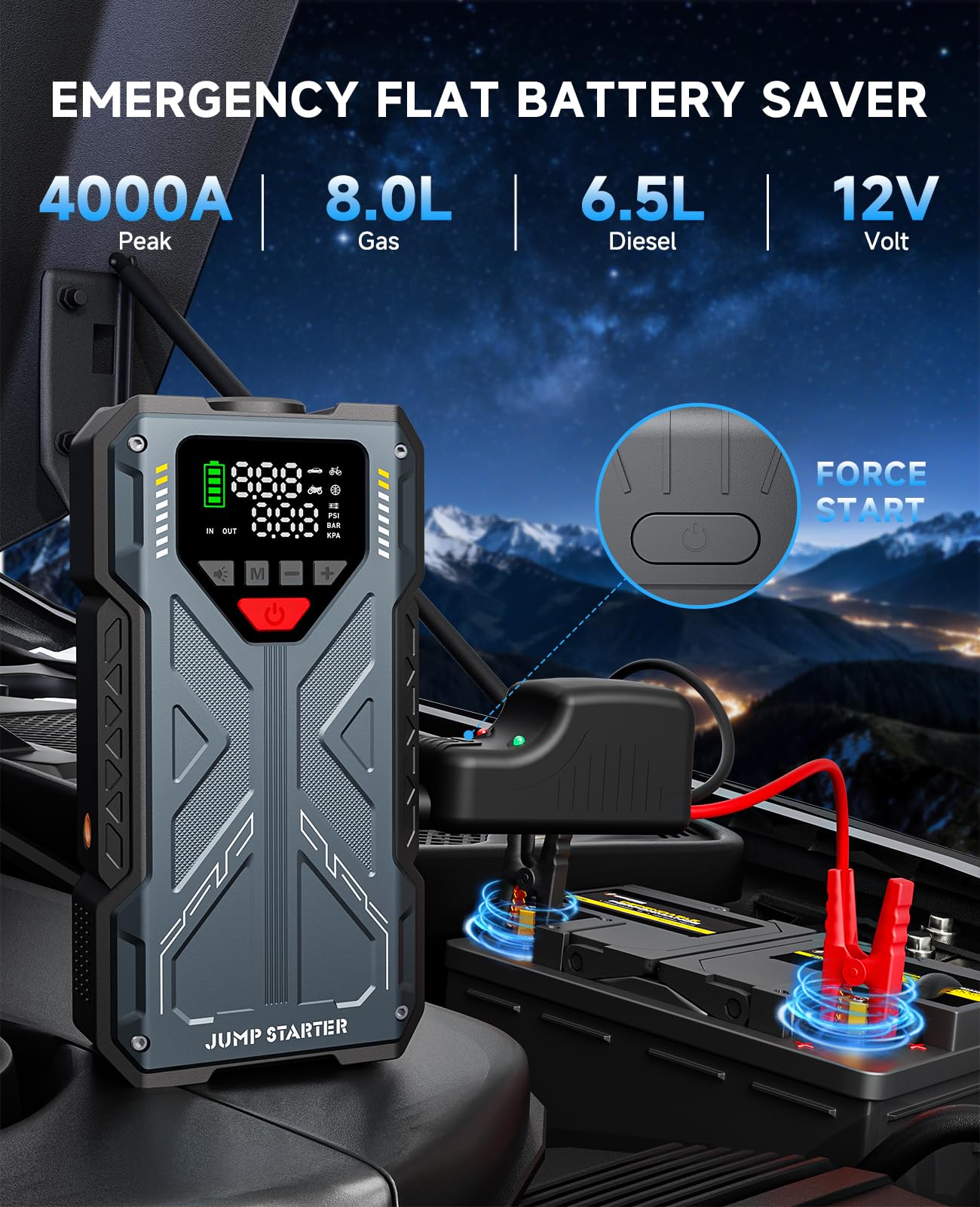 Jump Starter with Air Compressor, 4000A Battery Jumper Starter Portable and 150PSI Tire Inflator Air Pump(8.0L Gas/6.5L Diesel), 12V Auto Booster with USB Charger, Car Emergency Gift for Women, Men