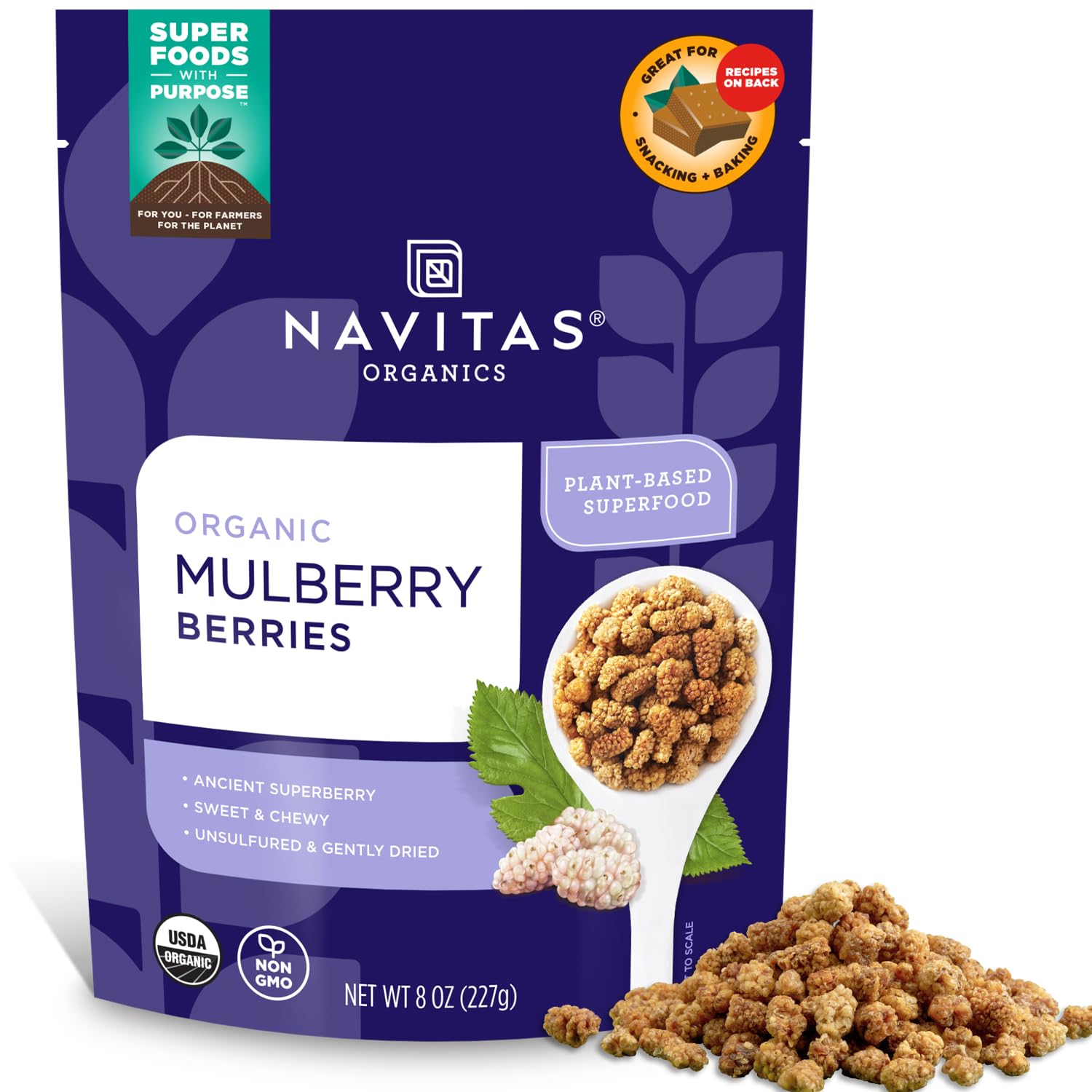 Navitas Organics Mulberries – For Healthy Snacks, Topping, Baking & More – Sun Dried White Turkish Mulberries – No Added Sugar – USDA Organic, Non GMO, Gluten Free, Vegan (8oz. Bag, 8 Servings)