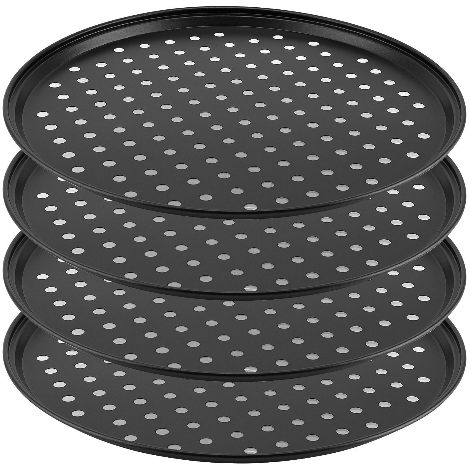 MANCHAP 4 PCS 32cm Pizza Tray, 12.5 Inch Non Stick Carbon Steel Pizza Tray with Holes, Black Round Pizza Baking Oven Pans for Baking