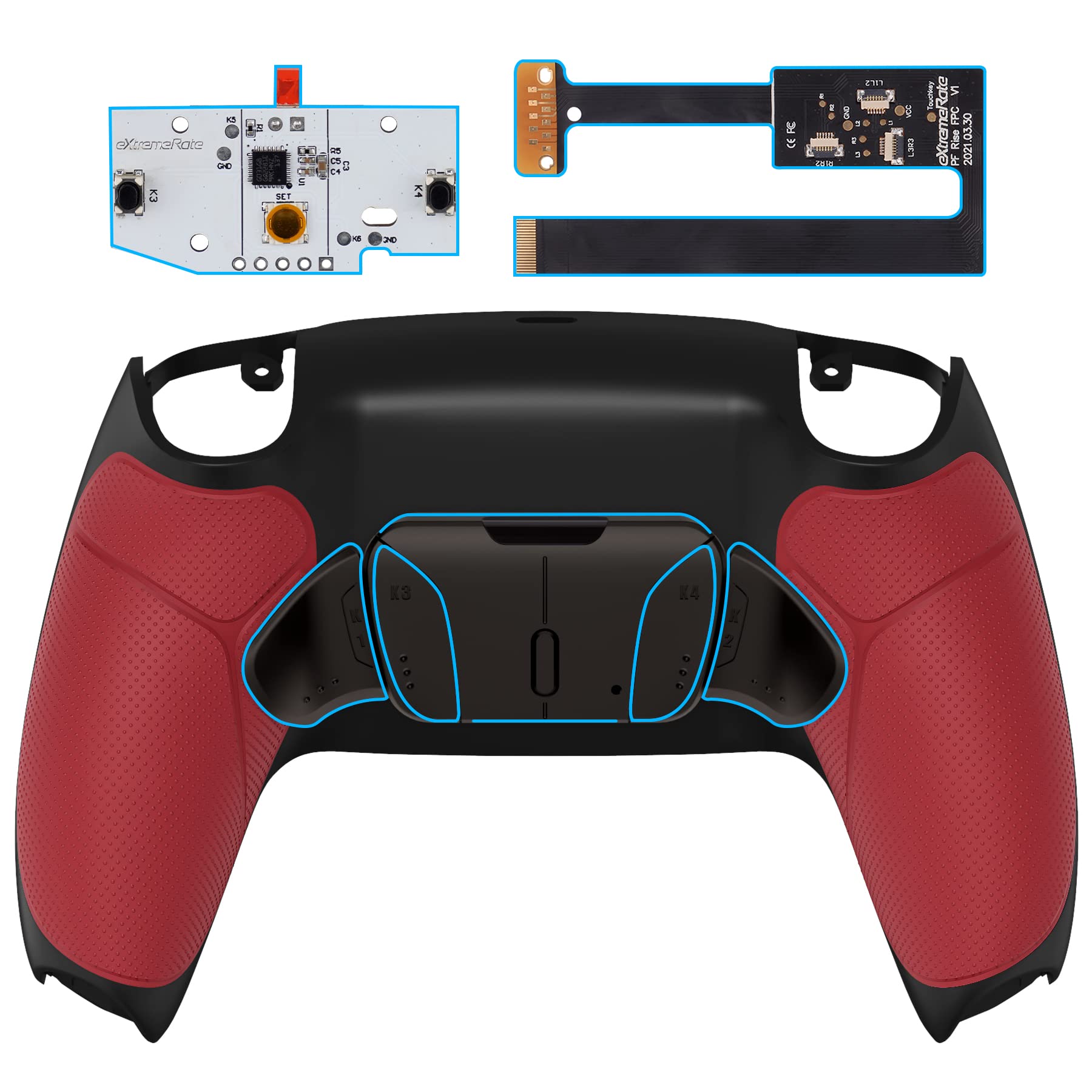eXtremeRate Black Real Metal Buttons (RMB) Version RISE4 Remap Kit for PS5 Controller BDM-010 020 w/Red Rubberized Grip Black Redesigned Back Shell, Upgrade Board & 4 Back Buttons for PS5 Controller