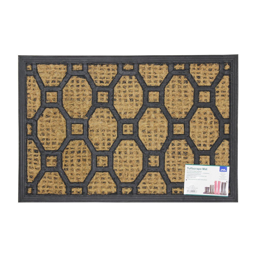 JVL Alba Woven Rubber Coir Tuffscrape Entrance Door Mat - Octagon, 40 x 60cm, Natural/ Black