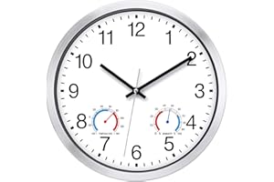 Caysie 12 Inch Sealed Indoor Outdoor Clocks Waterproof with Thermometer and Hygrometer Combo, Silent Battery Operated Quartz Wall Clock for Patio Pool Bathroom Outside Home (Silver)