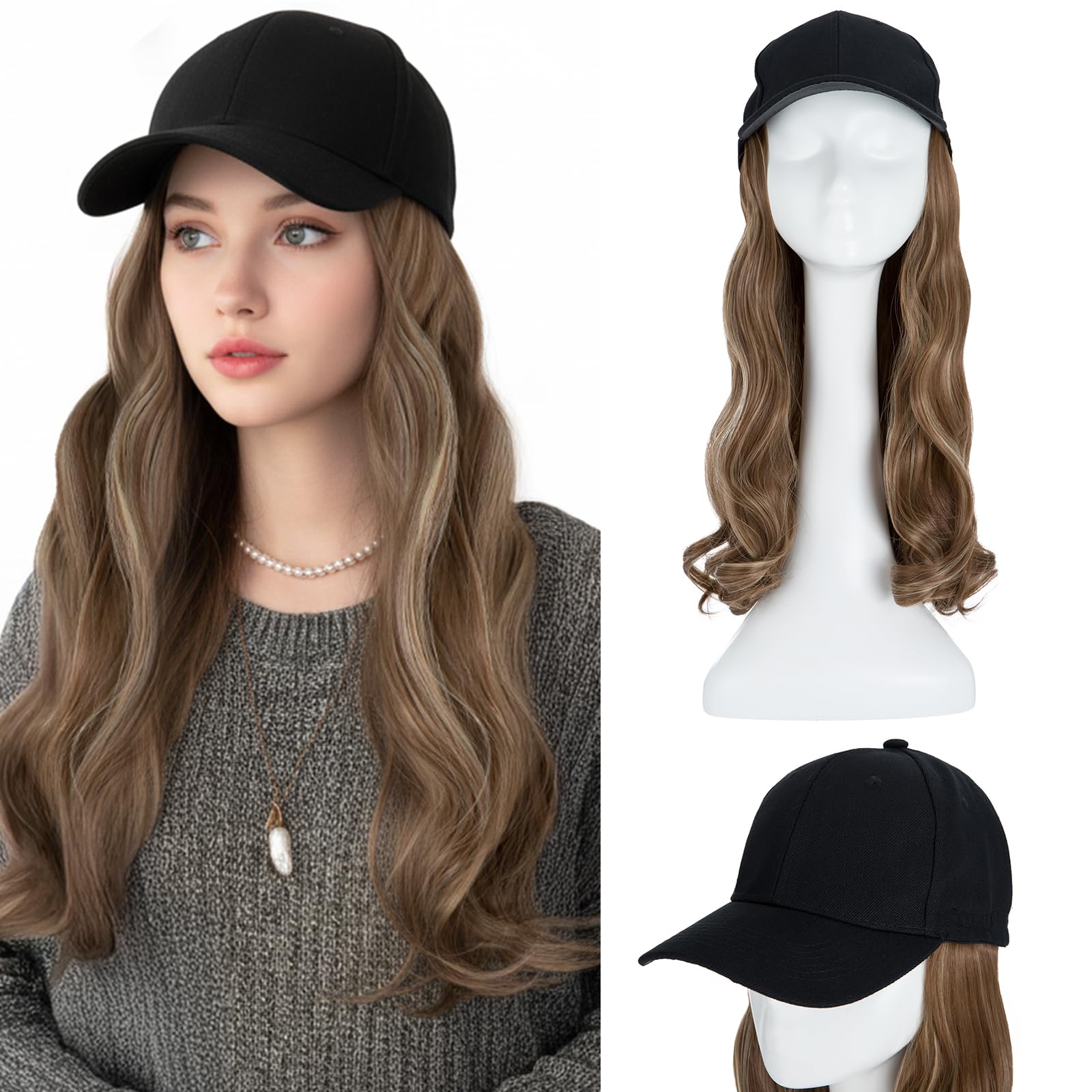 Long Curly Wavy Hair Extensions Wig With Baseball Hat Attached Synthetic Hairpiece Cap Hair Wigs (16"-Body Wave, Light Brown & Blonde) — image 1