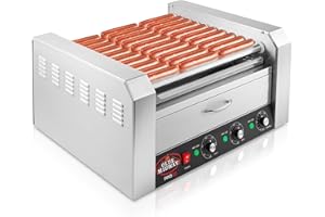 Olde Midway Electric 30 Hot Dog 11 Roller Grill Cooker Machine with Bun Warming Drawer - Commercial Grade, Stainless Steel