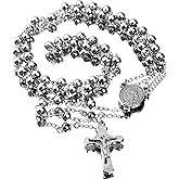 30" Stainless Steel Rosary Beads Necklace 6mm Silver Color with Jesus Christ Crucifix Cross