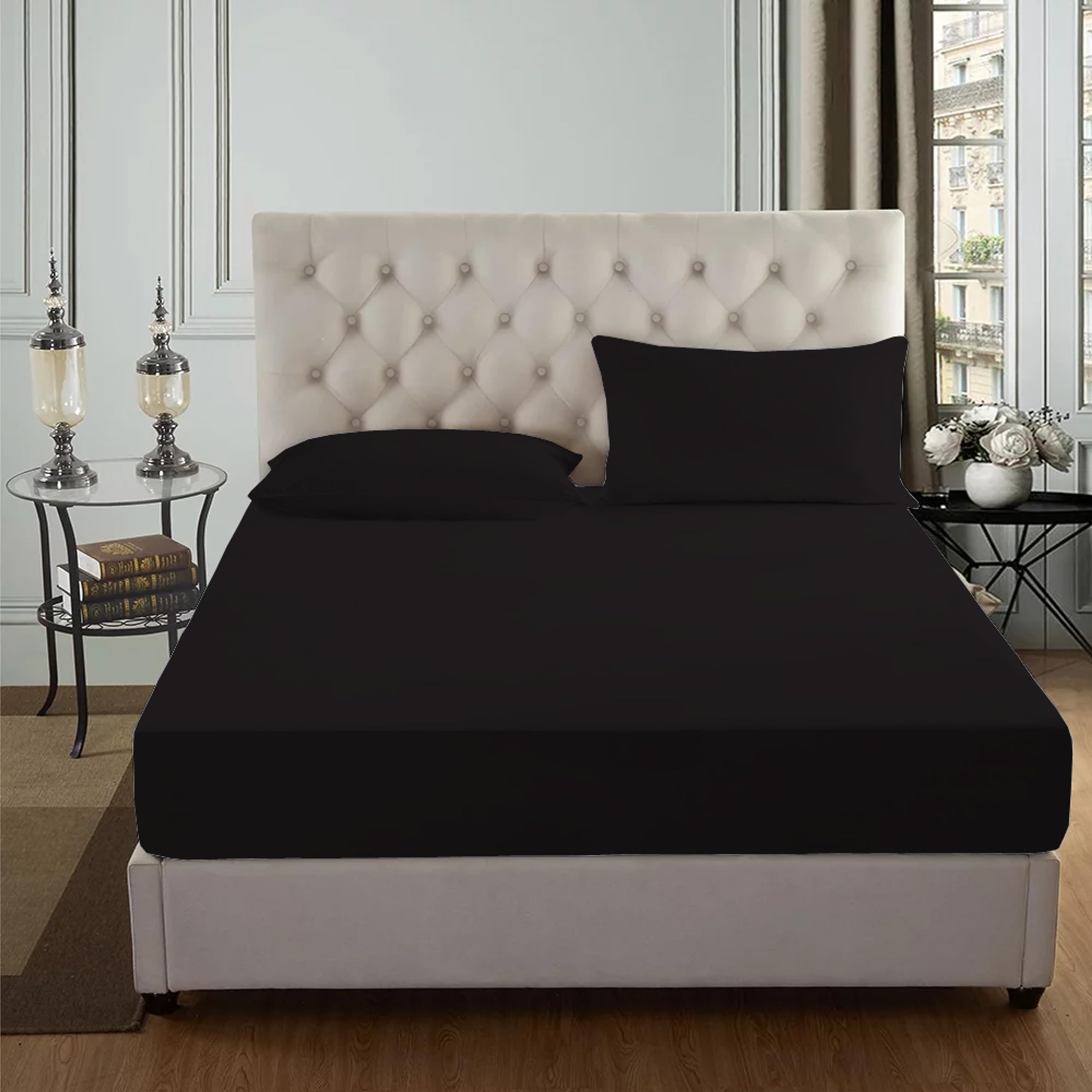 AmigoZone Egyptian Cotton 200 Thread Count 25CM/10" Deep Fitted Sheet (Super King, Black)