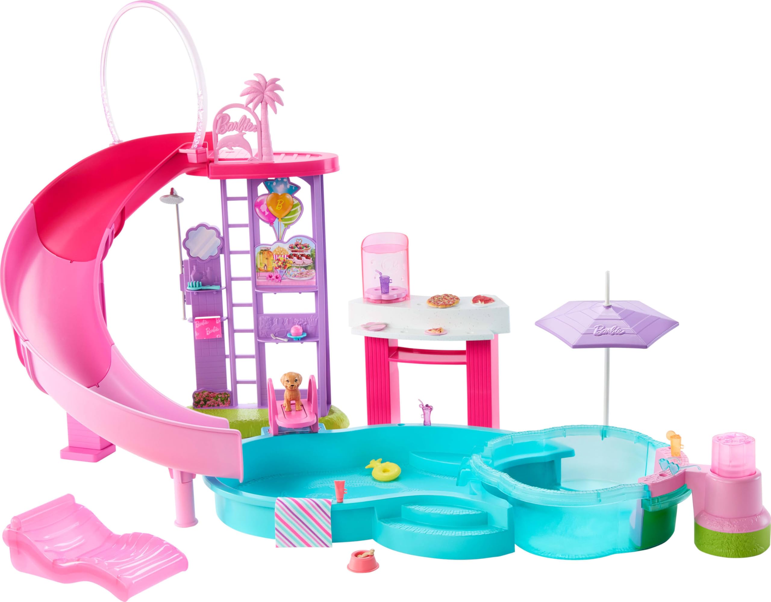 Barbie Dream Pool Playset with 6 Play Areas, Including Slide & Bubbling Hot Tub, Plus 20+ Accessories Like Pet, Floaties & More