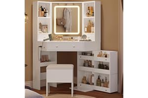 HAUOMS Corner Vanity Desk, Makeup Vanity with Mirror & Lights, Vanity Table with Rotating Shelves, Charging Station, Drawers & Storage Stool, 3 Light Settings, Modern White