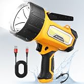 FORTO Rechargeable Spotlight 2000,000 Lumens, IPX7 Waterproof Bright LED Spotlight Flashlight with COB Light &amp; Foldable Stand,6 Light Modes for Boating Camping Hiking Hunting