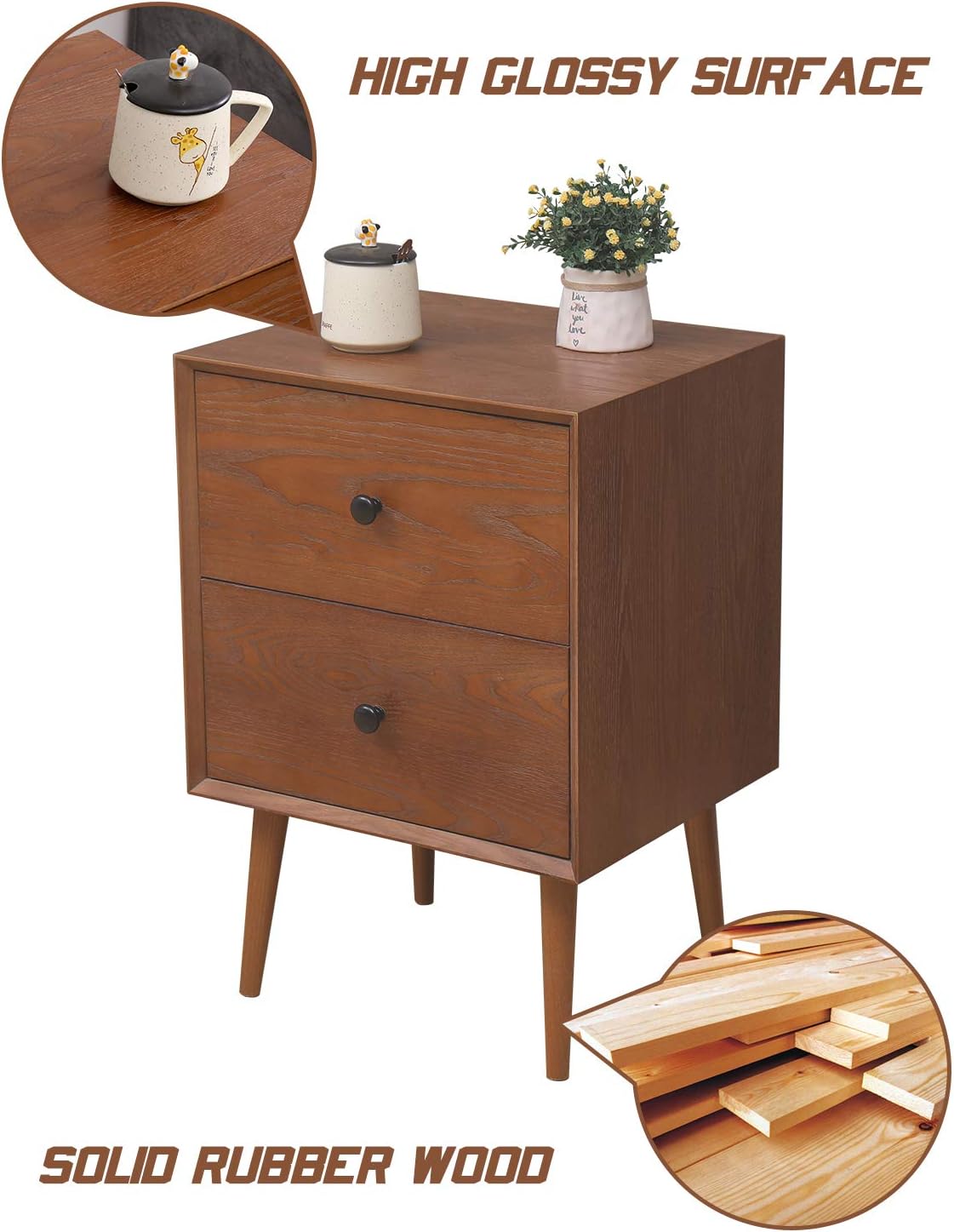 Hooseng Modern Nightstand with 2 Drawers Night Stand End Table Dresser for Home, Bedroom Accessories, Office, College Dorm, Steel Frame, Wood Top, Easy Pull Fabric Bins, Brown: Furniture & Decor