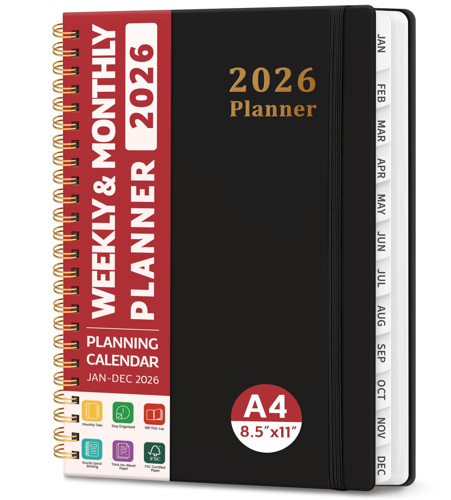 Photo 1 of 2026 Planner, Weekly and Monthly Planner, January 2026 - December 2026, Hardcover 2026 Calendar Planner Book with Tabs For Women & Men, Inner Pocket, Spiral Bound, Perfect for Office Home School Supplies - A4 (8.5" x 11"), Black