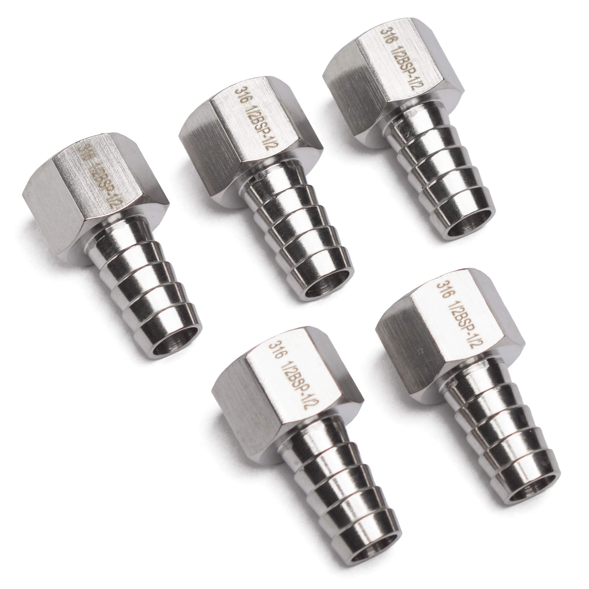 LTWFITTING Stainless Steel 316 BSP Fitting Coupler/Adapter 1/2-Inch Female BSPP x 1/2-Inch(12mm) Hose Barb Fuel Gas Air Fuel(Pack of 5)