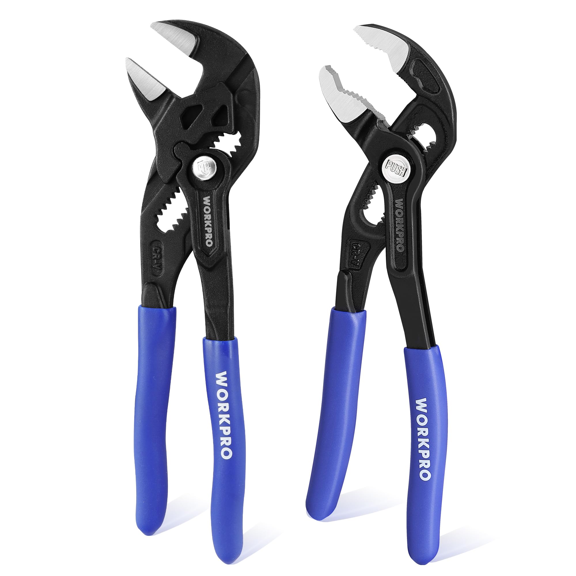 WORKPRO 2PC 180 mm Water Pump Pliers & Adjustable Plumbers Wrench Set, 42 mm and 40 mm Wide Opening Groove Joint Plier Set, V-Jaw Quick Adjustable Pliers, Pipe Grips Tools for Home Repair and Plumbing