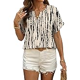 SHEWIN Women's Summer Casual V Neck Allover Print Tops American Vintage Texture Short Sleeve Boho Vacation Blouses Shirts