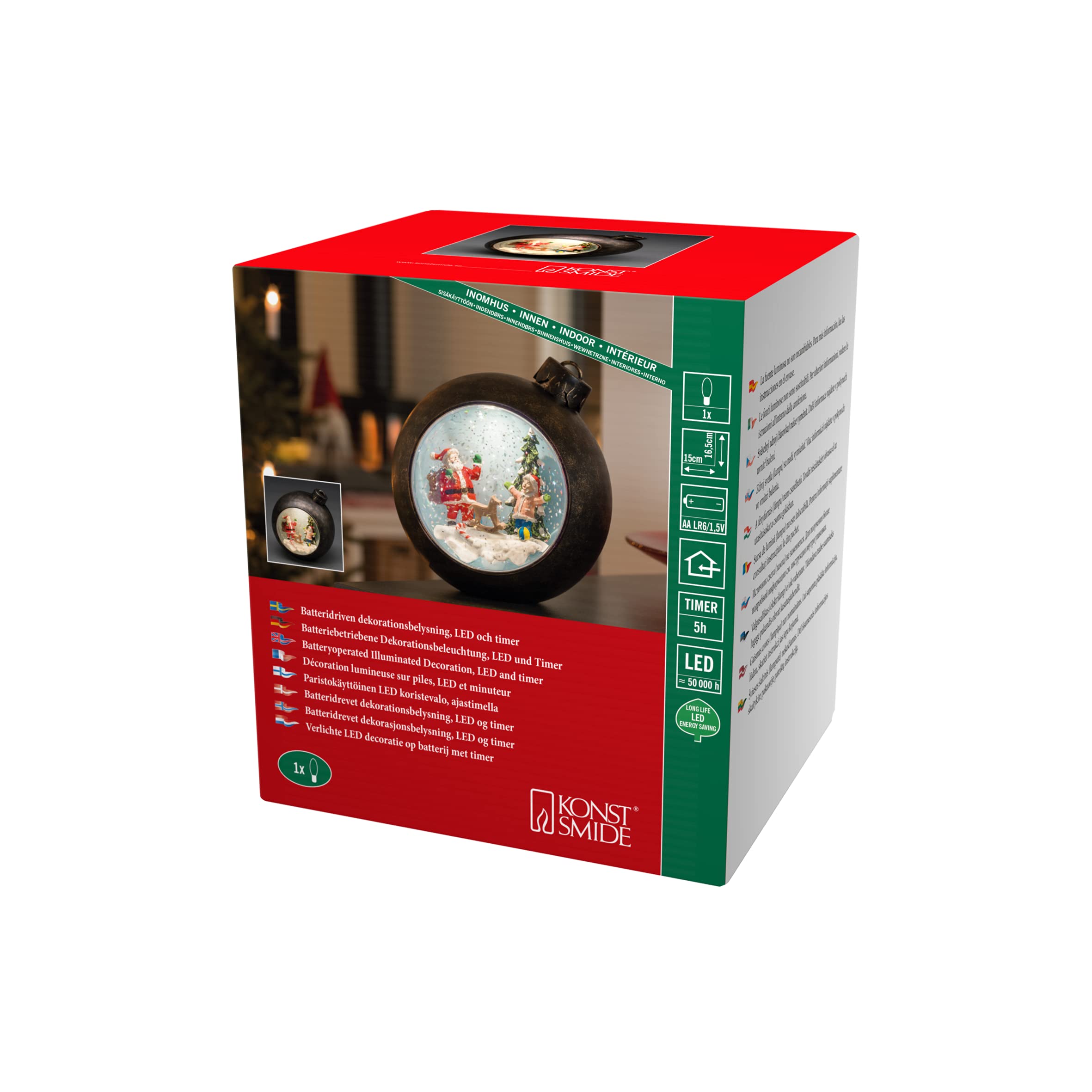 Konstsmide Christmas LED Snow Globe Lantern with Santa Scene, Water Filled / For Indoor Use (IP20) / Battery Operated: 3xAA 1.5V (excl.) / Christmas Lantern 1 Warm White Diodes, 4362-000