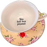 Three Black Cats Bone China "You've been poisoned- Bye" Tea Cup and Saucer Set, 8 Oz, Yellow and Red Rose Pattern, Gold Trim