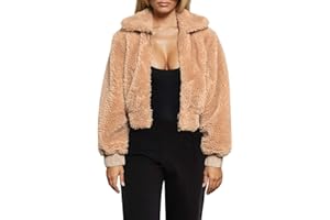 FANCYINN Womens Teddy Cropped Faux Fur Jacket Furry Lapel Coat Zip Up with Pockets Warm Winter