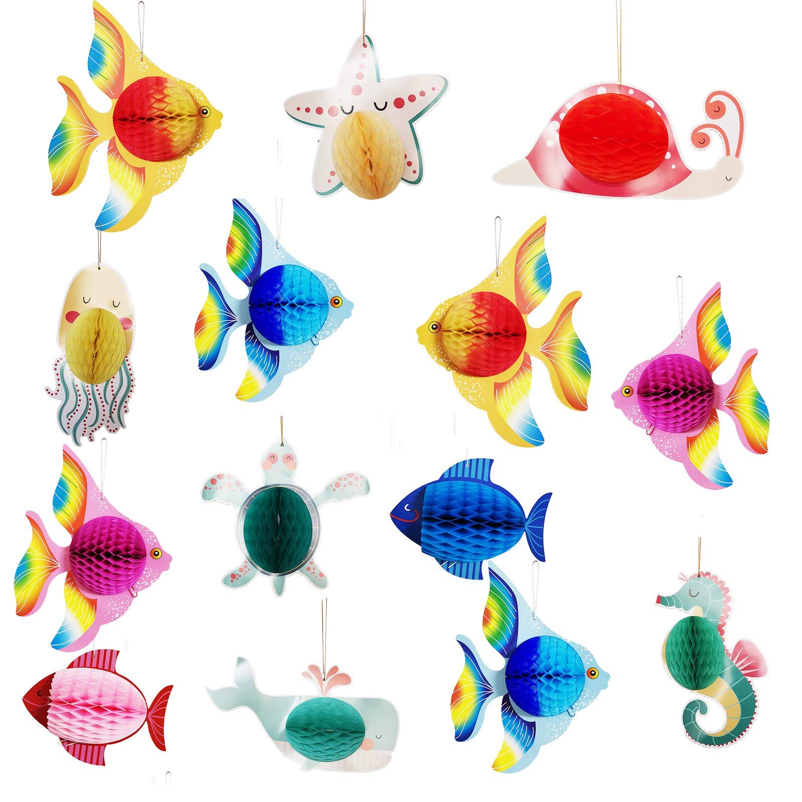 DUGYIRS 14 Pieces Tropical Fish Honeycomb Paper Cutouts, Under The Sea Beach, Themed Mermaid Luau Hawaiian Hanging Decorations,Supplies for Kids Birthday,Summer Pool Party,Baby Room,Classroom