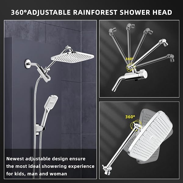 12″ RAIN SHOWER HEAD WITH HANDHELD SPRAY, RAINFALL SHOWER HEAD WITH HANDHELD COMBO, 11″ STAINLESS STEEL EXTENSION ARM WITH HEIGHT & ANGLE ADJUSTABLE HIGH PRESSURE SHOWERHEADS, CHROME