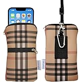 Tainada Men Women Cell Phone Neoprene Shockproof Zipper Sleeve Case Bag Pouch w/Clip Hook, Neck Lanyard, Belt Loop Holster for iPhone 17/16 Pro Max, 16 Plus; Samsung S25+, S24 (Camel Brown Plaid)