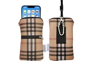 Tainada Men Women Cell Phone Neoprene Shockproof Zipper Sleeve Case Bag Pouch w/Clip Hook, Neck Lanyard, Belt Loop Holster for iPhone 17/16 Pro Max, 16 Plus; Samsung S25+, S24 (Camel Brown Plaid)