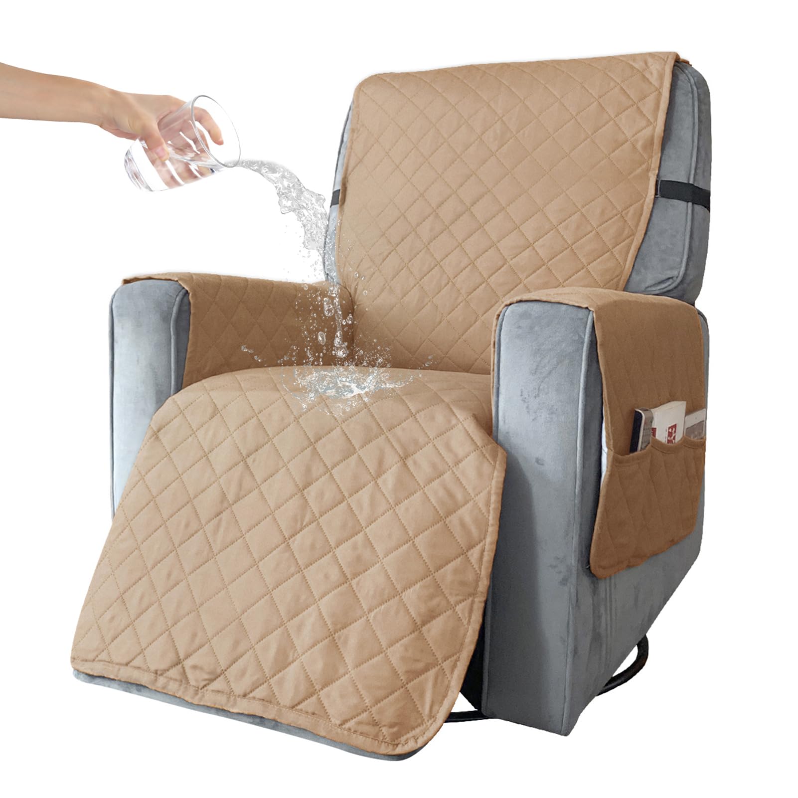 BXFUL Waterproof Recliner Chair Cover with Pockets, Elastic Strap, Non-Slip Chair Cover for Recliner Armchairs, 1 Seat Reclining Chair Cover, Anti-fouling Recliner Covers for Kids, Pets (S,Khaki)