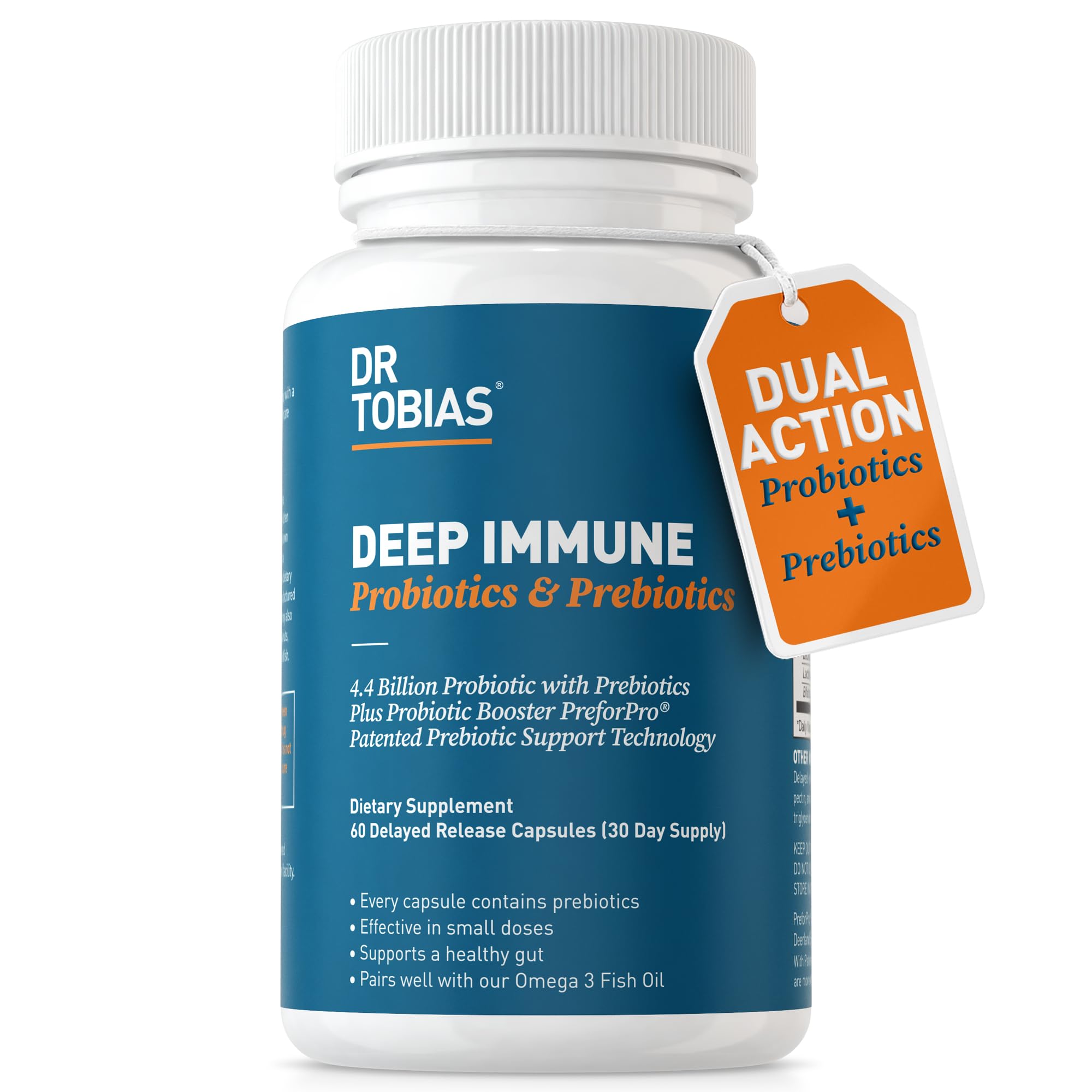Dr. Tobias Deep Immune Probiotics & Prebiotics, Dual Action Digestion & Immune Support with PreforPro Prebiotics & Delayed Release Spore Forming Probiotics for Women & Men, 60 Capsules, 30 Servings