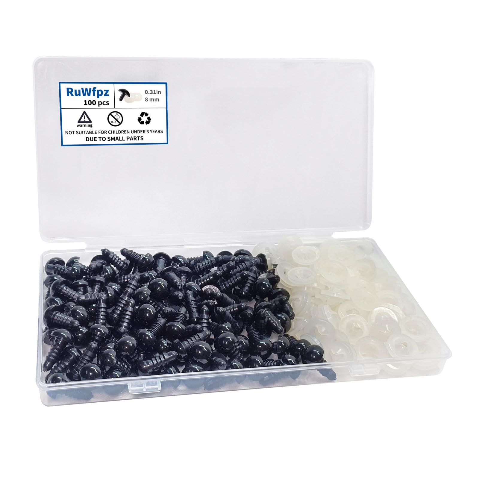 RuWfpz Safety Eyes for Crochet Toys Amigurumi 8mm 100Pcs - Doll Teddy Bear Eyes with Washers, Black Plastic Crochet Safety Eyes for Toy Making Plush Crocheting Crafting