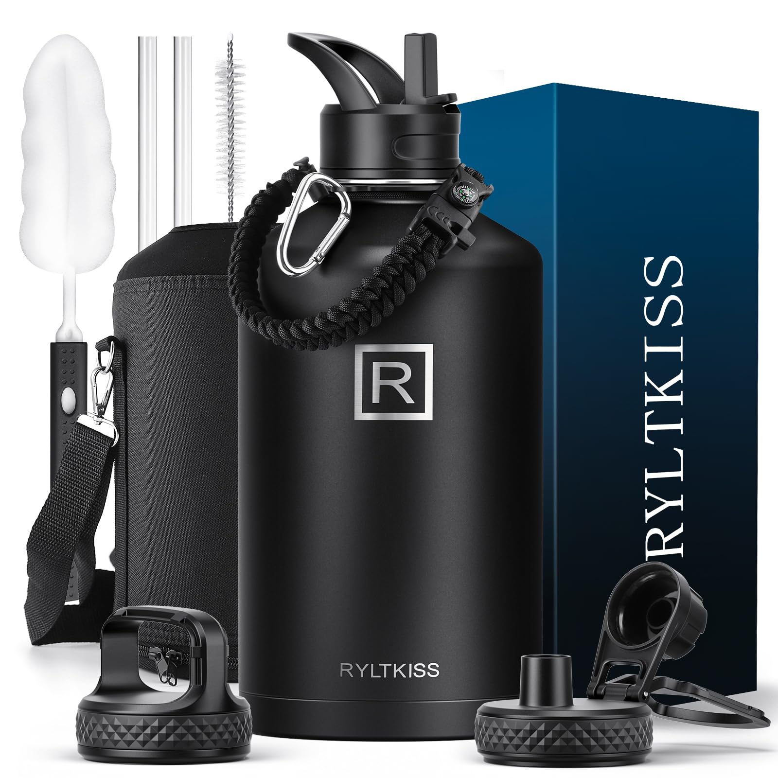 Photo 1 of (see all images) RYLTKISS 128 oz Gallon Water Bottle Insulated with Straw&3 Lids, Water Jug Large Stainless Steel Metal Vacuum Wide Mouth 