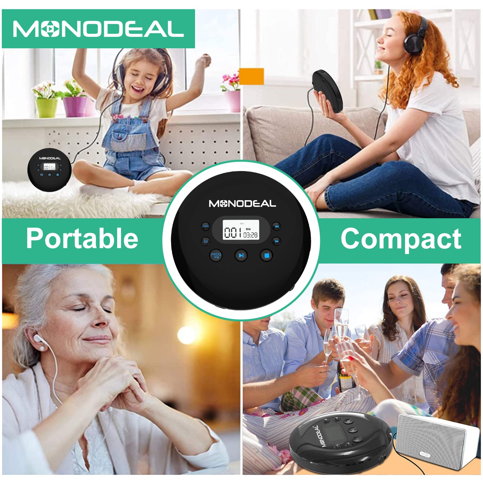 MONODEAL CD Player Portable, Portable CD Player with FM Transmitter, Rechargeable CD Player for Car for Home Travel with Anti-Skip Protection Compact CD Player with Headphones