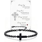 FLHEART Gift for Men Cross Chain Bracelets for Men Women, Black Stainless Steel Cross Charms Link Men's Bracelet, Faith Religious Easter Catholic Christian God Jesus Communion Baptism Jewelry Gift