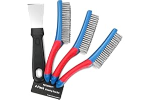 FOTKYXH 4-Pack Heavy Duty Wire Brush and Scraper Set, 3 Stainless Steel Scratch Brushes & 1 Metal Scraper for Aggressive Cleaning, Rust, Paint Removal, Grill, Kitchen, Auto, DIY with Non-Slip Handle