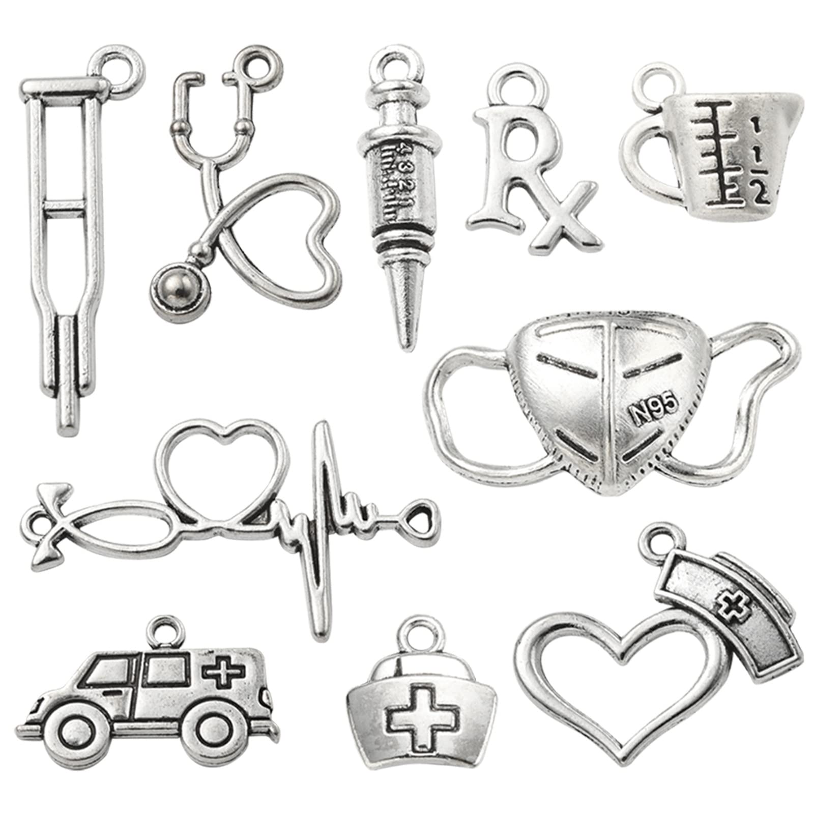 UR URLIFEHALL 100 Pcs 10 Styles Medical Supplies Charms Antique Silver Stethoscope Ambulance Nurse Cap Heart Charms for DIY Jewellery Making — image 1