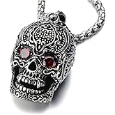 COOLSTEELANDBEYOND Stainless Steel Large Sugar Skull Pendant Necklace for Man with Red Cubic Zirconia with 30 in Wheat Chain