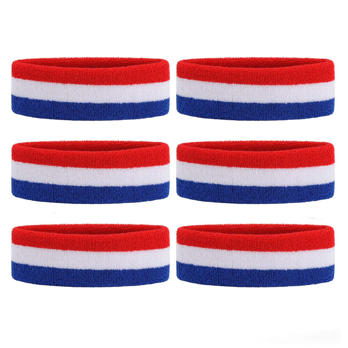 ONUPGO 6PCS Headbands Sweat Band for Men & Women - Sports Headband Moisture Wicking Athletic Cotton Terry Cloth Sweatband Sweat Absorbing Head Band (Red/White/Blue)