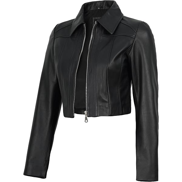 Women's Chic Black Cropped Leather Biker Jacket 12 at Amazon