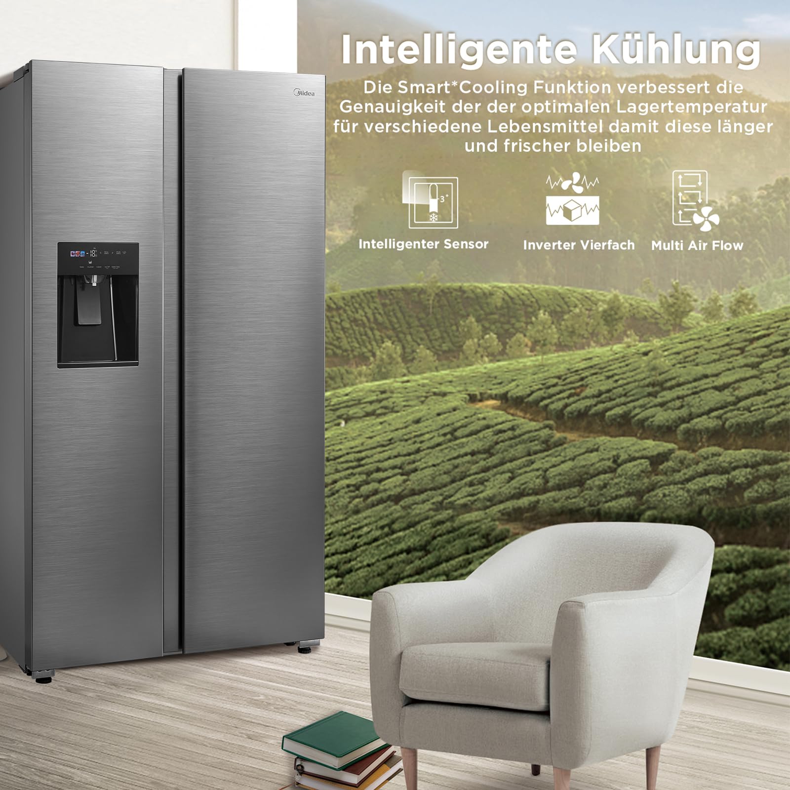 Midea Side-by-Side Kühl-Gefrierkombination 569 L | Eiswürfel- & Wasserspender, WiFi-Steuerung | No Frost, Multi-Air-Flow, Platinum Fresh | 178,6 cm, MDRS761MIE46 3