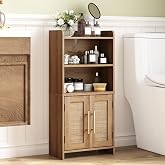 ZOVAZEN Small Bathroom Storage Cabinet with 2 Doors &amp; Shelf,Rattan Natural | Narrow Storage Organizer, Toilet Paper Floor Cabinets Freestanding, for Small Spaces, Laundry Room, 7.8" D x 14.6" W x 31" H