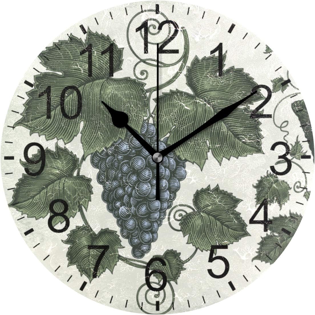 SENNSEE Fruit Grape Retro Wall Clock Decorative Living Room Bedroom Kitchen Battery Operated Round Clock for Home Decor Art